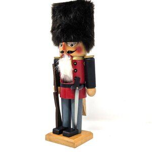 Vintage Nutcracker English Royal Guard Soldier 10 in. Rifle and Sword Fur Hat